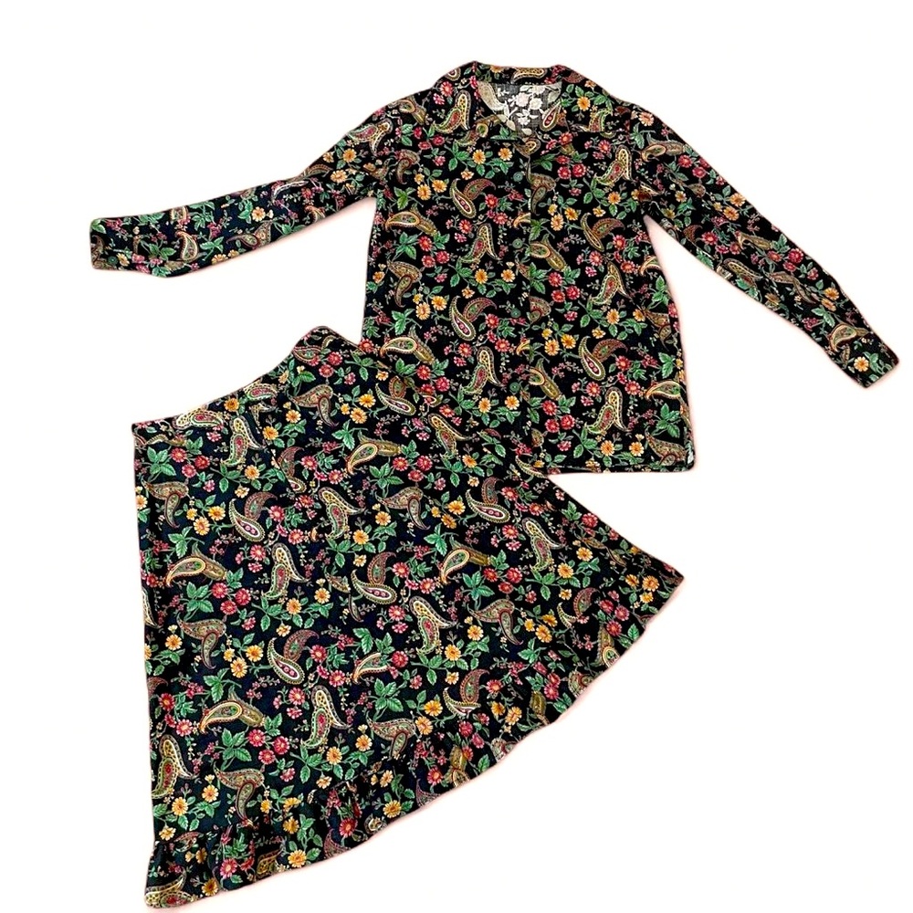 True vintage 70s floral paisley handmade two piece western midi ruffle skirt set